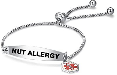 LSxAB Red Medical Alert Nut Allergy Bracelet for Women Men Emergency First Aid Engraved Adjustable Stainless Steel Chain Bracelets