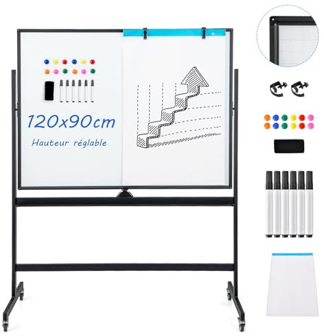 COSTWAY Tableau Blanc Effacable sur Pied 120x90cm, Double Face Quadrillé, Tableau Blanc Mobile Magnétique, 2 Hauteurs Réglables, Cadre en Métal, 12 Aimants, 6 Stylos, pour École, Bureau (Noir)