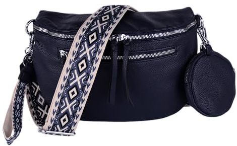 MIRROSI® Bauchtasche Damen, Veganleder 30x20x9cm, Umhängetasche, Brusttasche, Crossbody bag, Kunstleder leder, verstellbare Schulterriemen Bohemian Style (Navy)