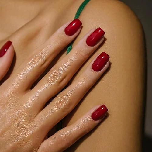 MouYou 24 Stück Press on Nails Kurz,Square Einfarbig Bright Wine Red Fake Nails Full Cover Kunstnägel mit Nagelkleber,Eckig Hellrot Rot Acryl Künstliche Fingernägel für Frauen & Mädchen