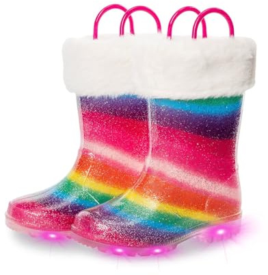 EUXTERPA Stivali di gomma per bambini con calda fodera pelosa, stivali invernali con glitter luminosi per ragazze e ragazzi, facili da maneggiare, stivali Wellington impermeabili, Arcobaleno, 25 EU