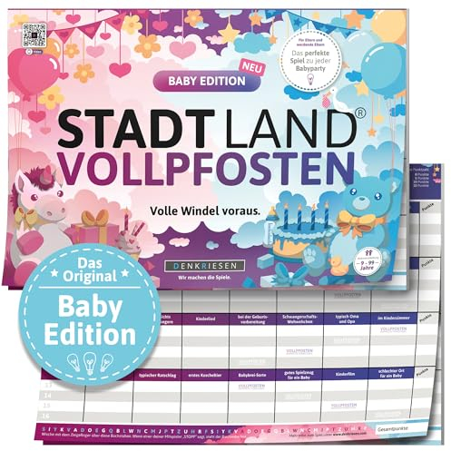 DENKRIESEN - Stadt Land VOLLPFOSTEN® - Baby Edition | DIN A4 Spielblock | Ab 9 Jahren | Stadt Land Fluss | Familienspiel | Ideal für lustige Runden mit der Familie | Perfekt für Baby-Partys