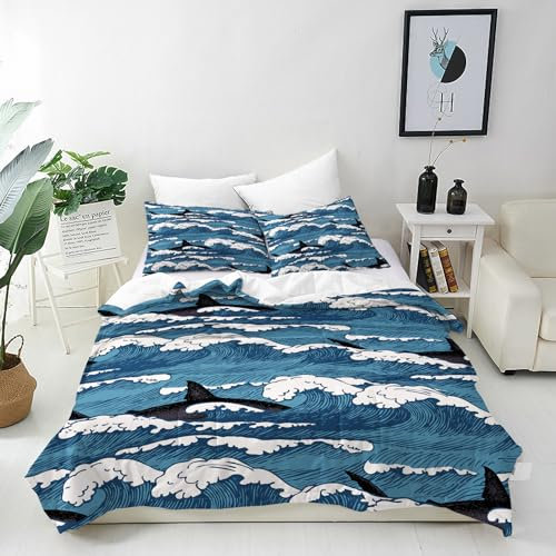 ANHOPE Retro Ozean Hai Welle Bettwäsche Set Weich Microfaser Druck Bettbezüge mit Reißverschluss 2 Teilig Bettbezug 135x200 cm & Kissenbezug 80x80 cm Ganzjahres Bettdeckenbezug Set