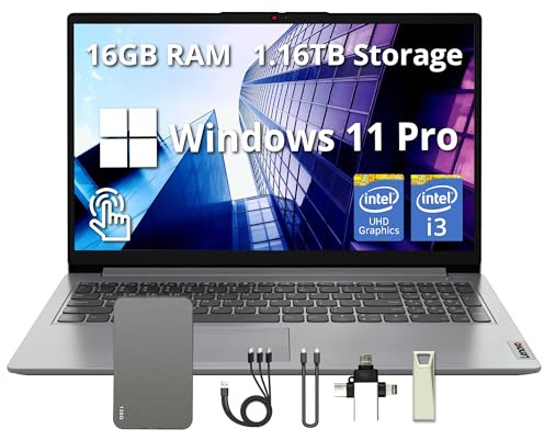 Lenovo IdeaPad 1i Ordinateur portable à écran tactile FHD de 15,6 po, Intel i3-1215U, 16 Go de RAM, 1,16 To de stockage (SSD de 1 To et station d'accueil de 160 Go), carte graphique Intel UHD, webcam