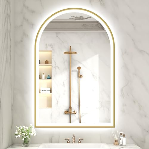 S'bagno 61 x 96 cm Gold LED Bathroom Mirror Arch Mirror with Front Lighting and Backlight, LED Bathroom Mirror with Metal Frame, Anti-Fog, Fully Adjustable, Changing Mirror
