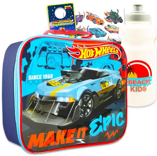 Hot Wheels Juego de fiambrera – Paquete con bolsa de almuerzo Hot Wheels reutilizable, botella de agua reutilizable, tatuajes, más | Lonchera Hot Wheels para niños suministros escolares