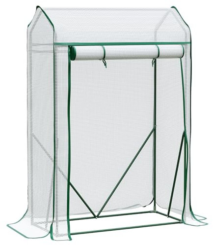 LARMNEE Serra da Giardino in PE con Tetto a Punta, 100 x 50 x 150 cm, con Porta Arrotolabile, Anti UV, per Pomodori, Frutta, Fiori, Piante, per Cortile, Esterni, Bianco EWT16GH02