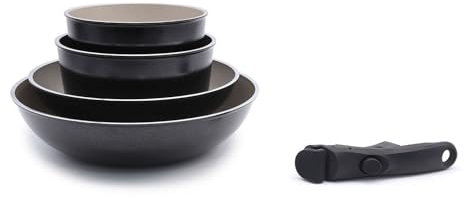 LAGUIOLE, Set de cuisine amovible 5 pièces, revêtement antiadhésif, compatible Tous Feux, Induction, Aluminium, Revêtement antiadhésif, facile à nettoyer, 16/18/24/28 cm, Noir/Champagne