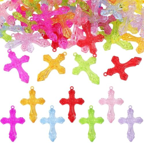 SOFPLATE 1 Box 100 Stück Acryl Kreuz Anhänger Kunststoff Kruzifix Großpackung Klein Transparent Bunt Christlich Gesegnete Osterkreuze Perlen Für Armbänder Halsketten Ohrringe Schmuckherstellung Frauen