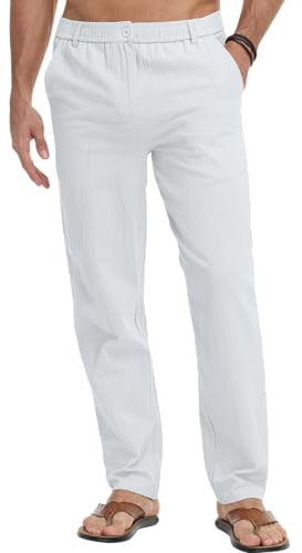 LVCBL Men's Linen Trousers Elasticated Waist Summer Casual Trousers Regular Fit M-3XL