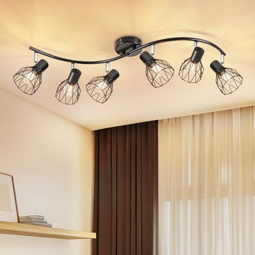 Kimjo Led Deckenstrahler Schwarz, E14 Deckenspots Schwenkbar 350°, Deckenleuchte 6 Flammig, Deckenlampe Strahler für Küche Wohnzimmer Flur (Ohne Leuchtmittel)