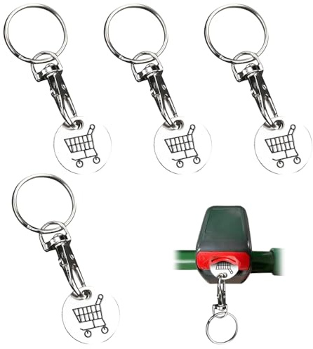 Eclovane 4-Pack Metal Shopping Cart Coin Keychains - Reusable Trolley Token Set, Convenient and Durable Keyring Design for Grocery Trips, Shopping Trolley Coin Holder, Silver Finish