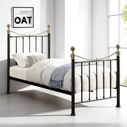 OAT Home Hampstead Victorian Metal Bed Frame in Black or White - Polished Brass Effect Details Single/Small/Double/King Size (Black, Single)
