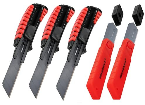 HASKYY Cutter Couteau à tapis Universal Professional Set 3 pièces y compris 20 lames SK5 en acier à haute teneur en carbone 18mm, poignée ergonomique antidérapante, brise-lame