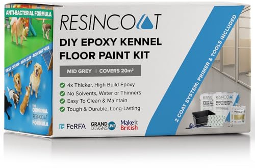 Resincoat Kennel & Cattery Floor Paint Kit – Complete Epoxy Primer, Paint & Tools Bundle – Antibacterial & Anti Slip – Hygienic, Hard Wearing Finish for Concrete Floors – Made in the UK (Mid Grey)