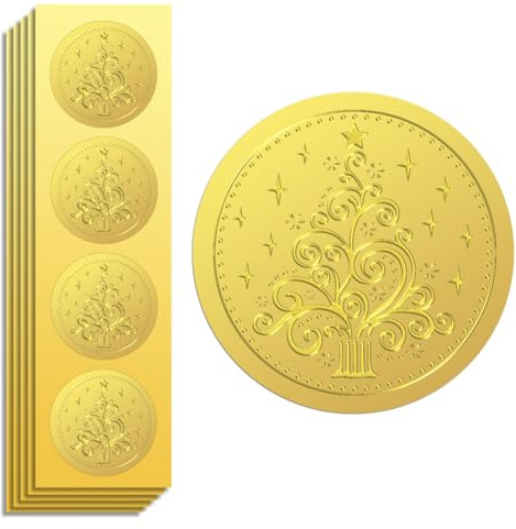 Peacoblue Goldfolien Sticker,Weihnachtsbaummuster Siegel Aufkleber Gold | 100 Stück selbstklebende Prägesiegel 5cm, Elegante Aufkleber für Urkunden, Umschläge, Auszeichnungen und Belohnungen