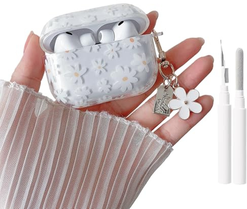 MINSCOSE für AirPods Pro 3.Generation Case (2025) mit Reinigungsset,niedliches Blumenmuster-Design mit Blumen-Schlüsselanhänger, weiche TPU-Schutzhülle für AirPods Pro 3–Weiße Blume