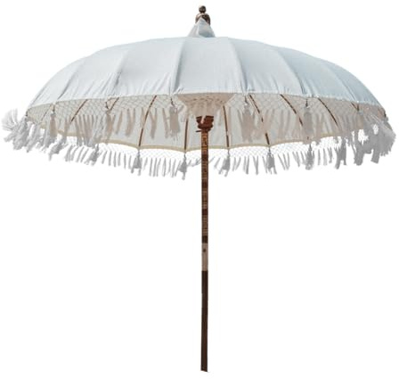 newgarden Bali Parasol en tissu et franges pour extérieur, plage, jardin, Ø 180 cm, pliable, structure en bois de bambou pour la terrasse et le balcon, couleur blanche