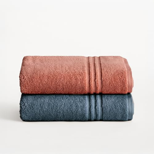 BOHEME Juego 2 Toallas Ducha Premium Terracota-Azul Turquesa 70x140 cm | Incluye 2(70x140 cm). 100% algodón 700 g/m². Suaves, absorbentes, de secado rápido y lavables a máquina.