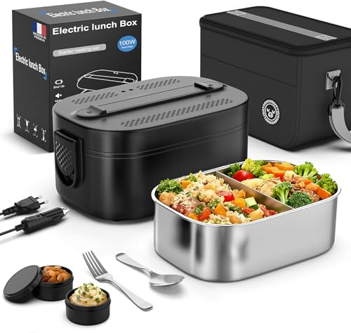 Gamelle Chauffante, 100 W Lunch Box Chauffante Electrique, 1,5 L Gamelle Isotherme pour Repas Chaud, 12V/24V/220V Boite Repas pour Voiture Camion Bureau, Gamelle Chauffante Allume Cigare, Noir