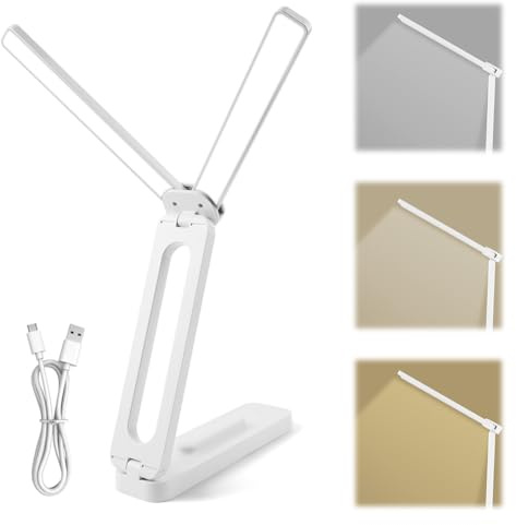 vsshe Lampe de Bureau LED Rechargeable, 1200mAh USB-C, 3 Couleurs Lumière Anti-Scintillement, Pliable Portable Sans Fil Lampe de Lecture pour Bureau Chevet Étude Camping