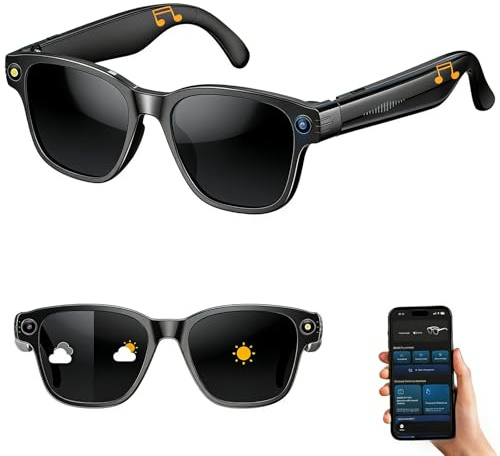 AI Smart Glasses with Camera, Bluetooth 5.4 8MP Anti-Shake Camera Glasses, 1200P HD Video Recording, 270mAh, Real-Time AI Translation & Object Finder, Dual Calling Music for Vlogging (Sunglasses)