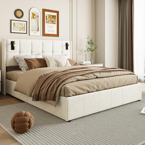 BSCFHCZ 140x200cm Luftdruckbett, Polsterbett Doppelbett mit Stauraum, Boxspringbett 140x200, Holzbett mit Leseleuchte, mit Lattenrost, Funktionsbett, Samt Beige, Ohne Matratze