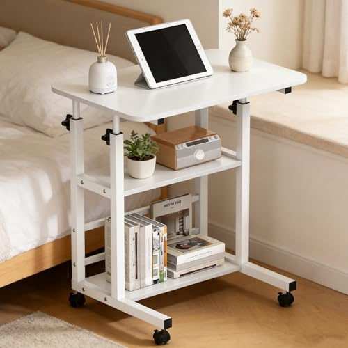 Verdego Höhenverstellbarer Schreibtisch, Beistelltisch mit Rollen, 2 Ablagen, PC Tisch 40 x 60 x 56-82cm, Platzsparender, Kleiner Mobiler Computertisch für Home Office, Sofa, Bett (Warmweiß)
