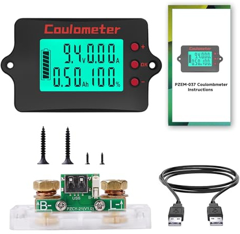 Jadeshay Monitor Batteria,0,03-100A 8-120V CC Voltmetro Amperometro Monitor di Tensione Corrente e Capacità del Batterie al Litio e Ferro-Fosfato per Camper e Solari con 100A Shunt e 2 Metri Cavo USB