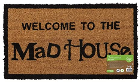 JVL Novelty PVC Backed Coir Mad House Entrance Door Mat, Vinyl, Brown, 33 x 60 cm