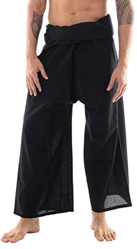 CandyHusky Thai Fisherman Pants - Lightweight Cotton Men Lounge Pants for Men, Yoga, Hippie, Pirate Pants Style Black