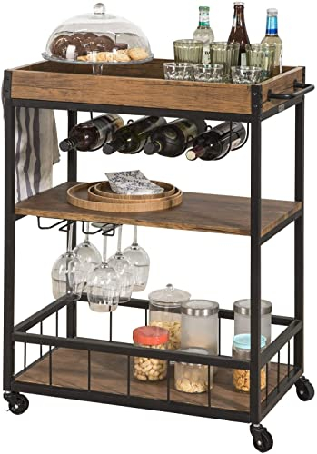 SoBuy® FKW56-N, Industrial Vintage Style Wood Metal 3 Tiers Kitchen Serving Trolley with Wine Rack