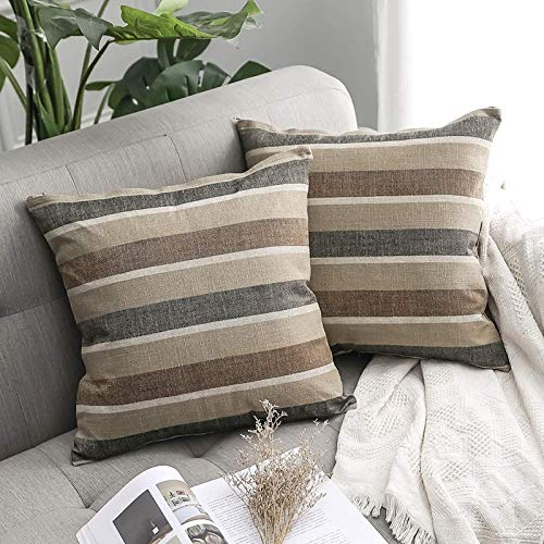 MIULEE 2er Set Streifen Kissenbezüge Kissenhülle Leinenoptik Sofakissen Dekorative Kissenbezug Dekokissen Deko Couchkissen Bezug für Sofa Büro Couch Schlafzimmer Wohnzimmer 45x45 cm Kaffee