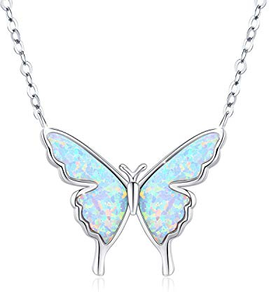 CUOKA MIRACLE Schmetterling Kette 925 Sterling Silber Opal Anhänger Halskette für Damen - Valentinstag Geschenke für Mädchen Kinder