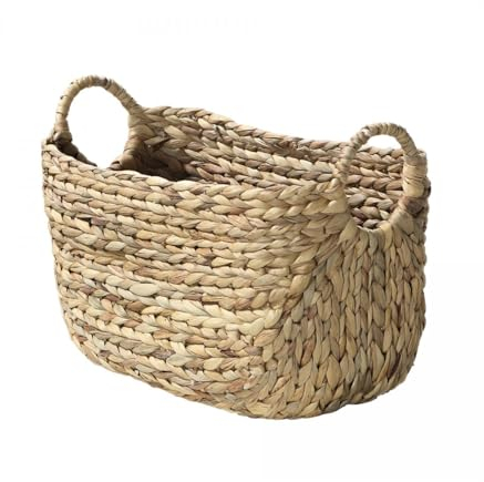 CALICOSY - Panier Jacinthe d'eau - Armature Métal - Fibres Naturelles - Avec Poignées Rondes - Panier De Rangement Pour Dressing, Chambre, Séjour - Petit Modèle - L 36 x P 19 x H 22 cm