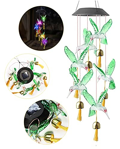 Kolibri Windspiele Licht, 7 Farben im Freien mit Glocken Dekorative Solar-LED-Leuchten, zum Dekorieren von Innenhofterrassen Innen im Freien Energiesparende Dekorleuchten mit Haken
