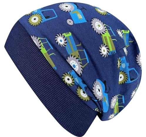 Wollhuhn Öko Warme Kuschelige Winter Jungen/Mädchen Winter Beanie-Mütze Mit Fleecefutter Versch. Motive (aus Öko-Stoffen, Bio) 20220666 (M, Trecker/Traktor Dunkelblau)