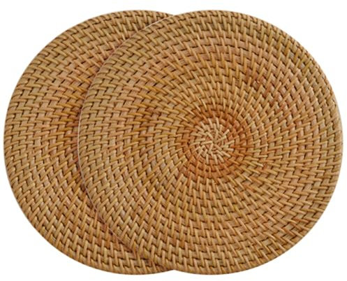 Uposao sous-Verres Ronds en Rotin Sets De Table Tissés à La Main, Résistants à La Chaleur, Antidérapants Set De Table Isotherme Set De Table Osier pour Décoration De Thé Ou De Café, 2Pcs