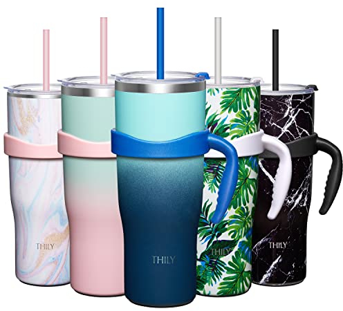 THILY Stainless Steel Vacuum Insulated Tumbler 1180 ml Coffee Travel Mug with Handle and Lids, Reusable, Sweat Proof, Keep Drinks Cold for 34 Hours or Hot for 12 Hours, White Marble