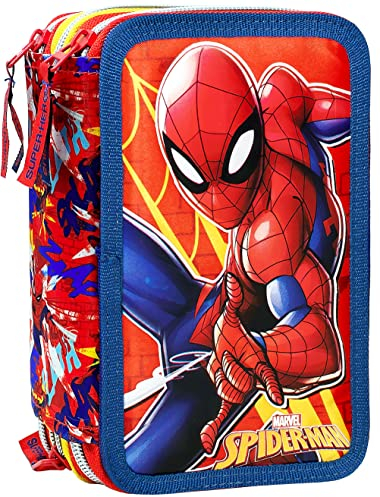 Clondo Jungen 3-Fach Federmäppchen für Spiderman Fan – 44-teilig, komplett gefüllt – mit Schere, Filzstifte, Buntstiften 3.0 – Rot und Blau – ideal für Schule & als Geschenk