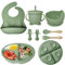 Hoidokly Vajilla bebe de silicona 8 piezas, Vajilla Bebe Silicona con Ventosa Plato y Cuenco Cuchara Tenedor Babero Set,Vajilla Infantil Bebe 6 Meses(Verde Oscuro)
