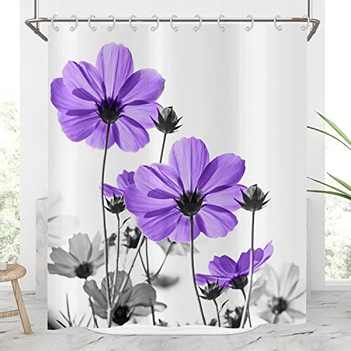 Duschvorhang Blumen 180x200, Hnmdmyi Lila und Grau Gänseblümchen Blume Elegante Wildblumen Design Bauernhaus Badewanne Vorhang Wasserdicht Polyester Stoff Waschbar Badevorhang für Badezimmer mit Haken