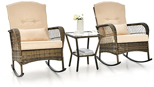 GOPLUS 3 TLG. Gartenmöbel Set, PE Rattan Balkonmöbel Set mit 2 Schaukelstühle und Couchtisch, Sitzgruppe mit rutschfeste Füße für Garten, Terrasse & Pool, Beige+Braun
