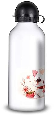 SUPER FABRIQUE Gourde/Bouteille d'eau en Aluminium - Acier Inoxydable - réutilisable 330ml à 750ml, thème anime japonais Chat Maneki-Neko (Aluminium, Gourde Sport 650ml)