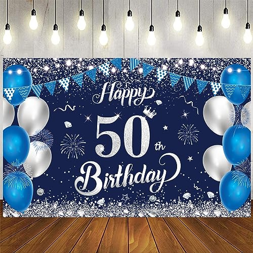 Cartel de feliz cumpleaños número 50, 1,1 x 1,8 m, color azul y plateado, suministros para fiesta de 50 aniversario
