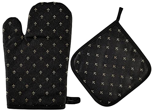 Handschuhe Und Topflappen-Set Fleur De Lis Retro Französische Lilie Topfhandschuhe Verdickte Topflappen Waschbarer Kochhandschuhe Für Backen Kochen Cafe