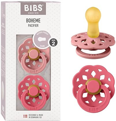 BIBS Boheme Schnuller 2er-Pack. BPA-frei, Kirschform Nippel. Naturkautschuk/Latex, Hergestellt in Dänemark, Größe 2 (6-18 Monate), Dusty Pink/Coral