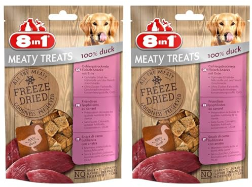 8in1 Meaty Treats, gefriergetrocknete Hunde Leckerlis aus Ente, 100% Fleisch, getreidefrei und ohne Zucker, 50 g Beutel (Packung mit 2)