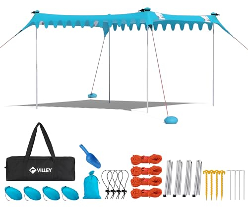 VILLEY Tienda de Sol 3m x 3,3m Azul, Toldo de Playa para 6 Personas, con UPF50+ Protección UV, Tienda de Playa de Lycra, Sombrilla de Playa para Picnics, Pesca, Protección Solar