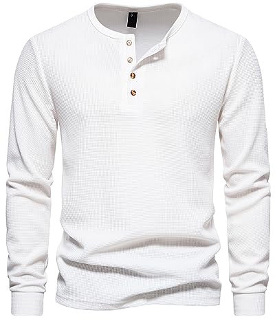 MakingDa Henley T Shirt Mens Long Sleeve Slim Fit Waffle Grandad Collar 4 Button Jumper Tops Smart Casual Collarless Shirts-White-M
